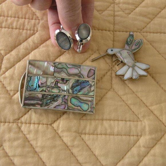 Swank, Mexican made Alpaca silver Other - Abalone Inlaid Belt Buckle, Brooch, Cufflinks